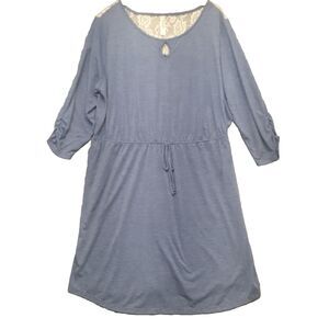 B & B Boutique Women's 3X Blue Dress Tunic With 3/4 Sleeves Lace Back Tie Waist